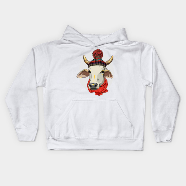 Red Scarf Knitted Hat Hand Drawn Dressed Cow